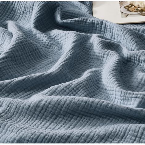 Couverture Mousseline Adulte 4 Couches Mousseline Couvre Lit 225x270cm Douce et Respirante Léger Dessus de Lit Plaid Gaze de Coton Couverture Canapé Été, Bleu (1/5)
