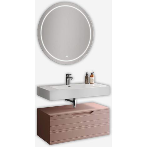 Mobile bagno sospeso con lavabo e specchio LED Solmira - Rosa