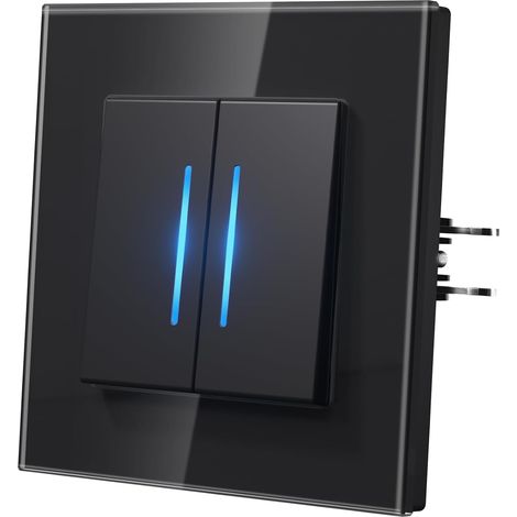 Interrupteur Mural avec Griffes, Verre Interrupteur Connecté, Modern Interrupteur Avec Voyant Lumineux,Facile à Installer, 2 Gang 1 Way,Noir, 86mm (1/5)