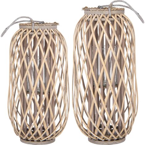 ECD Germany 2x Farolas Portavelas 50xØ28cm / 60xØ30cm Estilo Ratán con Aspecto de Mimbre de Caña Natural Tejido Trenzado Robusto gris/marrón Luz de Vela Decorativa para Mesa Terraza Salón Jardín