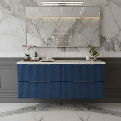 Hudson Reed Fluted Wall Hung 4-Drawer Vanity Unit with Carrera Marble Worktop 1200mm Wide - Satin Blue (1/4)