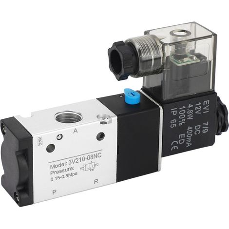 Válvula solenoide neumática de 1/4" NPT con 2 posiciones y conmutación de 3 vías, grado de protección IP65, funcionamiento con aire comprimido, 12 V CC. (1/5)