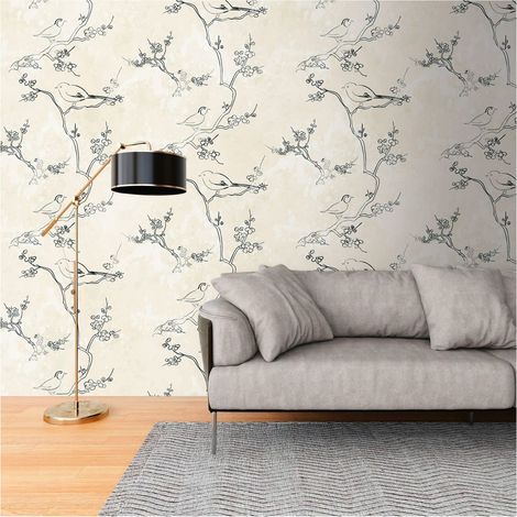 Photo wallpaper Profhome 398841 hot embossed non-woven wallpaper smooth with birds pattern matt cream black 1.59 m x 2.8 m (1/4)