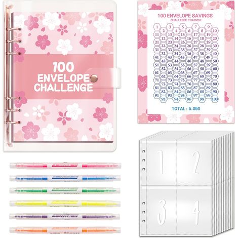 Défi des 100 enveloppes avec 6 surligneurs et deux astuces Agenda budgétaire et classeur à anneaux A5 pour relever le défi et économiser 5 050 en 100 jours (rose) (1/5)