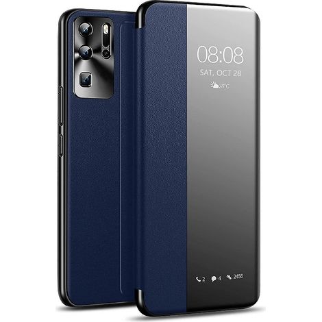 Étui Huawei P30 Pro, coque flip cuir Smart View, protection complète silicone TPU souple (P30pro, Bleu) (1/5)
