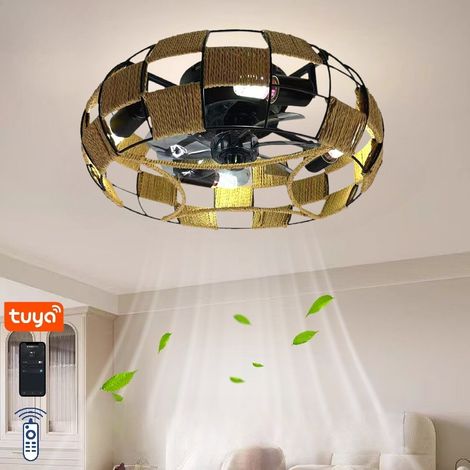 Ventilateur de plafond en rotin 42 cm avec éclairage LED, moteur DC réversible, 6 vitesses, télécommande et application, style bohème,Noir et kaki,Ampoules incluses (1/3)