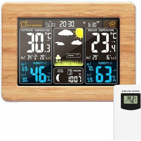 Stazione meteorologica wireless, orologio meteo digitale a colori con sensore esterno, termometro interno/esterno con data, temperatura, umidità, barometro, sveglia, fasi lunari, orologio meteo -Crezu