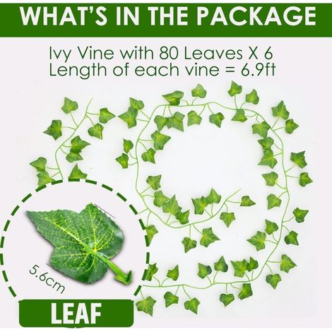 Guirlandes de Lierre Artificiel - Lot de 6, Longueur de 210cm - Vignes Faux Tombante Réalistes pour Décoration Chambre et Jardin Intérieure/Extérieure, Fausse Plantes en Plastique Vertes (1/5)