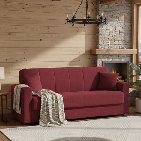 Dmora - Schlafsofa Dlunett, Lineares 3-Sitzer-Container-Schlafsofa, Wohnzimmersofa aus gepolstertem Stoff mit Klick-Klack-Öffnung, 212x80h87 cm, Rot (1/5)