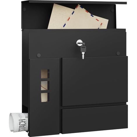 Boîte aux Lettres Murale WOLTU, avec 2 Clés, 3 Fenêtres, Porte-Journaux, Boîte aux Lettres Individuelle, Noir (1/5)