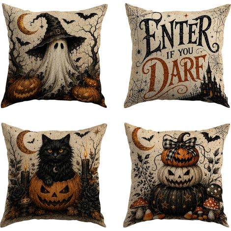 Fundas de cojín decorativas de Halloween de 45 x 45 cm (juego de 4). Decoraciones de Halloween bonitas y espeluznantes para el salón, con motivos de calabazas y gatos. (1/4)