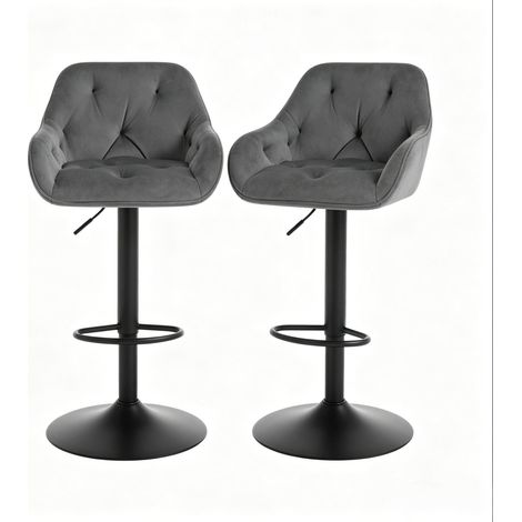 Lot de 2 tabourets de bar en velours gris foncé, réglables et pivotants avec dossier (1/5)