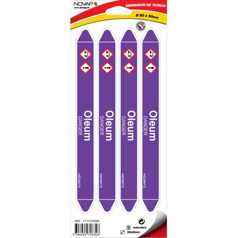 Planche de 4 marqueurs de tuyauterie 250 x 26 mm pour Ø 20 à 50 mm - Oleum - 4708348