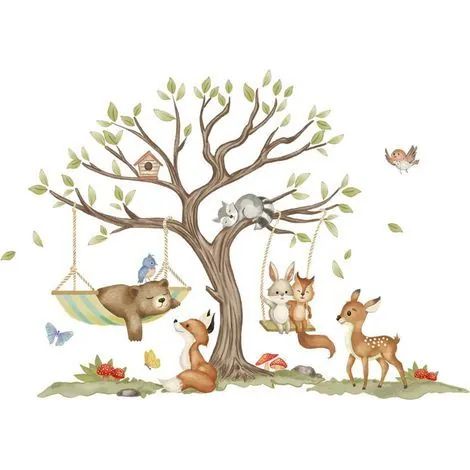 Stickers muraux animaux (cerf, renard, pin) pour chambre d'enfant ou chambre de bébé