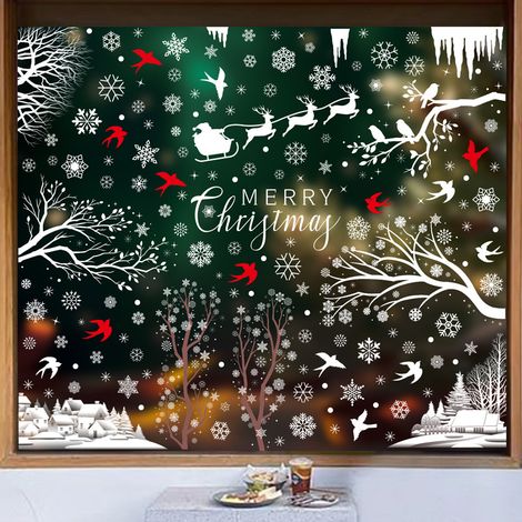 Autocollants pour fenêtre flocons de neige blancs et branches d'arbre, autocollants scène de forêt enneigée avec colibris, décorations de Noël hivernales, décorations de fenêtre statiques, anti-collis
