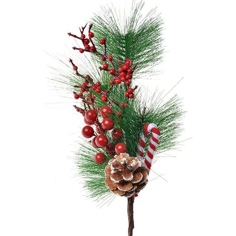 Branche Décorative de Noël 39 cm en Plastique Rouge et Vert avec Sucre d'Orge et Fleurs - PANGIVO