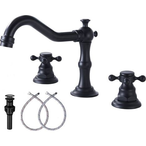 Black Bathroom Faucet, Bathroom Sink Faucet, 2 Handles, 3 Holes, Widely Used 8-inch Bathroom Faucet with Drain Assembly and Hose (1/4)