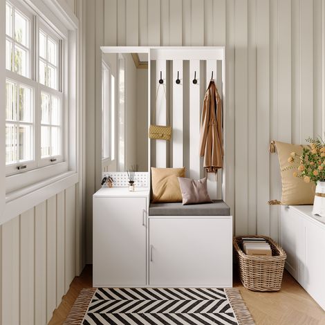 Meubles d'entrée avec cintres, banc à chaussures et étagère, système anti-basculement, rangement, ensemble de meubles d'entrée, design, 100x40x180 cm, Naturel (1/5)