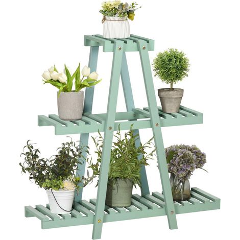 Étagère à plantes avec étagère à fleurs en 3 marches pour 6 pots de fleurs, escaliers à plantes pour jardin, bois, vert clair, 7 (1/3)