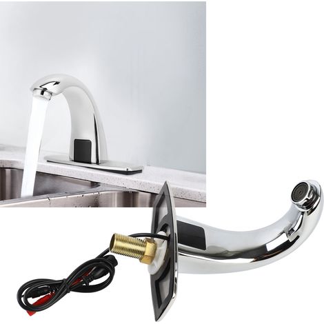 Grifo automático infrarrojo sin contacto para lavabo, G1/2", cuerpo curvo de cobre con disco espejado, rango de detección de 15 a 20 cm, CC/CA (1/5)