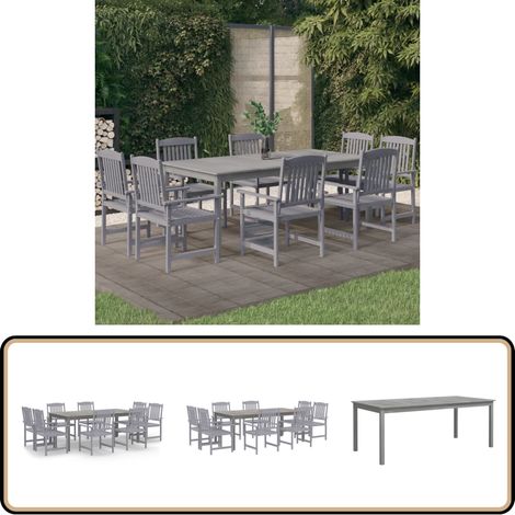 9-tlg. Garten-Essgruppe Massivholz Akazie Grau - Gartenmöbel - Essgruppe - Gartentisch - Gartenstuhl - Akazienholz