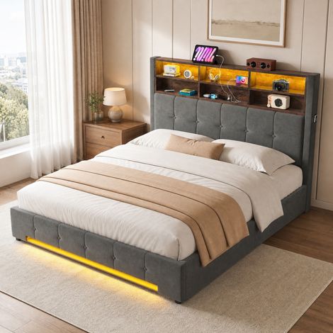 Letto contenitore 160x200 cm in velluto grigio scuro con testiera multifunzione HAVRYA (1/5)