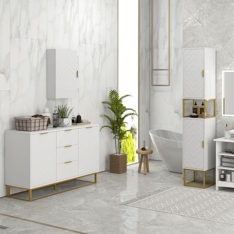 Meuble colonne rangement salle de bain avec niche et 2 placards étagère réglable pieds en acier - Modèle