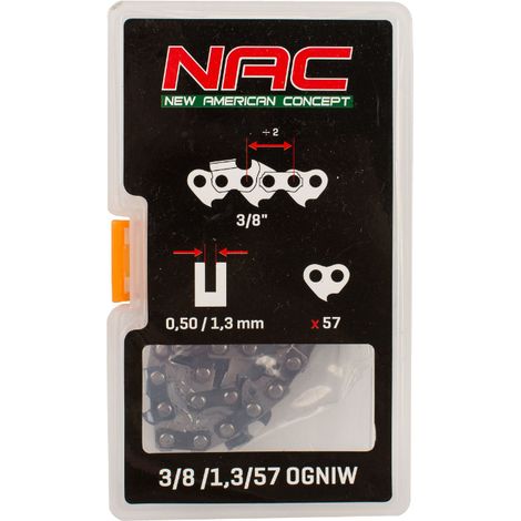 Cadena de corte para motosierra NAC 16" modelo YD-KW05-38 / SPS01-38 / GE-CS38, 57 eslabones, paso 3/8", calibre 1.3 mm, ideal para trabajos de poda y tala