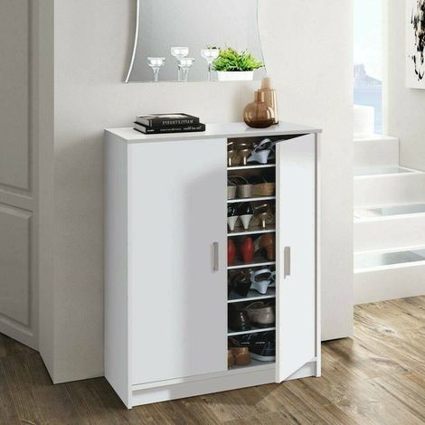 Dmora - Armario multifunción Dlazar, Zapatero con 2 puertas, Mueble bajo con 6 baldas, Zapatero bajo moderno, 75x36h101 cm, Blanco (1/5)