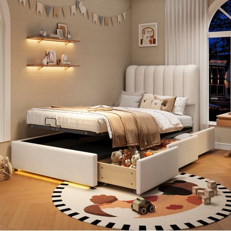 Kinder-Stauraumbett 90x200 cm beige aus Samt mit hydraulischem Bettkasten, 3 Schubladen und LED-Licht (1/5)