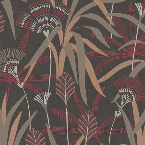 Papel pintado floral Profhome 399364 papel pintado no tejido ligeramente texturado con hojas de junco y acentos metálicos negro rojo blanco beige 5,33 m2