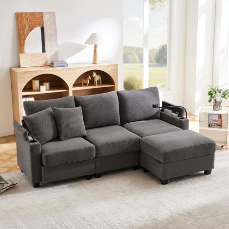 Ecksofa 213.5x139x87 cm dunkelgrau Cord mit Hocker, USB-Anschluss und Armlehnenablage (1/5)