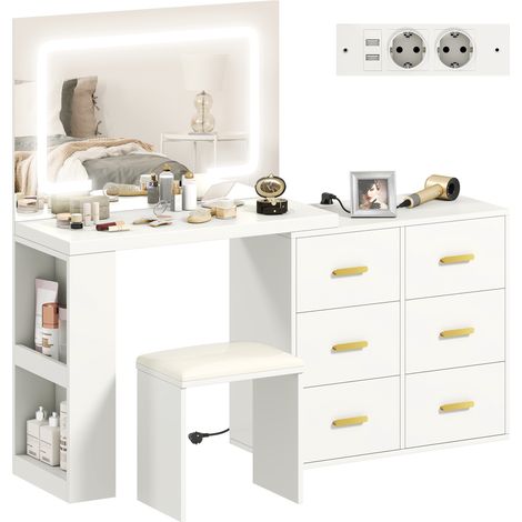 Schminktisch mit Spiegel und Hocker, Kosmetiktisch mit verstellbarer LED-Beleuchtung, 6 Schubladen, 118 x 78 x 135 cm, weiß