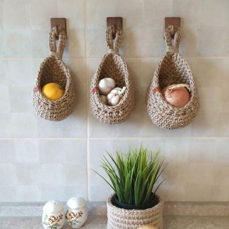Panier suspendu mural en corde de jute et coton, rangement aéré pour oignons, ail, pommes terre (1/5)