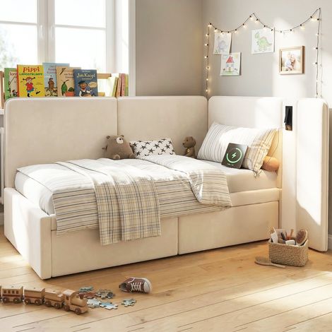 Lit banquette en velours beige 90x200 cm avec 2 tiroirs, sommier à lattes, lampe de lecture et ports USB/Type-C (1/5)