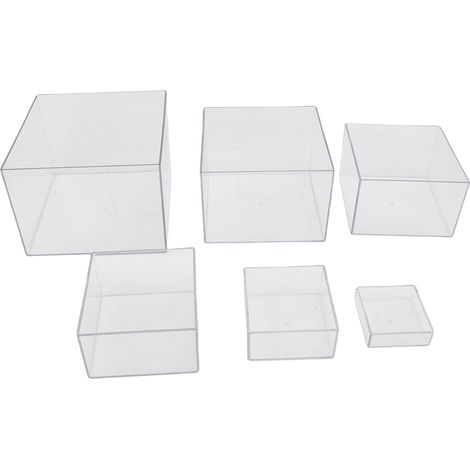 6 PCS Cube Présentoirs Boîtes Carré Multifonctionnel Empilable 5 Côtés Support À Gâteau Nidification pour Dessert Objets De Collection Statues Transparent. (1/2)
