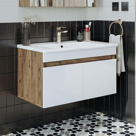 Meuble vasque suspendu 85 cm décor pin et blanc 2 portes LAAN (1/5)