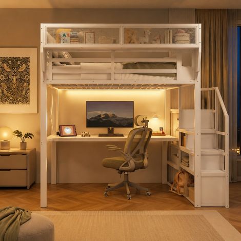 Cama alta 140 x 200 cm con escritorio, LED, escalera de seguridad y almacenaje, blanco HAVRYA (1/5)