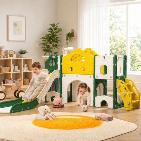 Aire de jeux 7 en 1 pour enfants – Avec toboggan, panier de basket, télescopes, escalier – Structure sécurisée et résistante en PEhd, toboggan enfant, intérieur/extérieur, 3-6 ans (1/5)