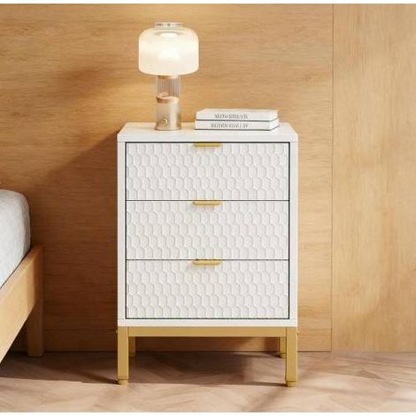 Comodino a 3 cassetti 50 x 40 x 65,5 cm, legno e metallo, bianco e dorato, REDOM (1/5)