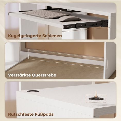 Bureau d'angle avec tiroir pour clavier et étagères ouvertes, design bois blanc, meuble informatique pratique pour petit espace. (1/5)