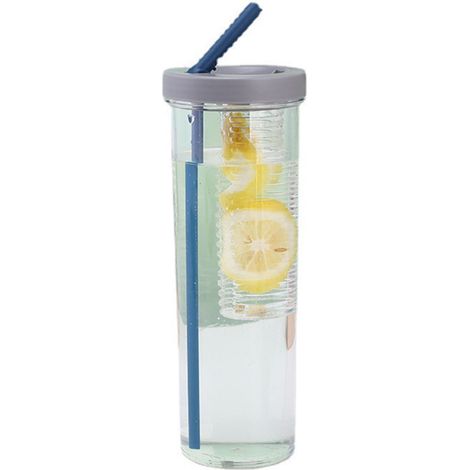 Gobelet 700ml avec paille, bouteille d'eau en plastique transparent, tasse à jus portable grise, verre à boire réutilisable avec paille intégrée, gourde légère pour voyage et sport. (1/5)