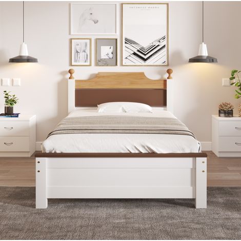 Lit simple 90/200 cm blanc en bois massif et MDF à lattes avec pieds centraux (1/5)