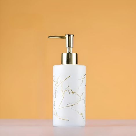 Générique Distributeur de Savon en Verre 320 ML en Marbre Dorée - Design Élégant pour Salle de Bain ou Cuisine - Pompe Antirouille et Rechargeable - Idéal pour Savon Liquide, Lotion ou Gel Douche (1/5)