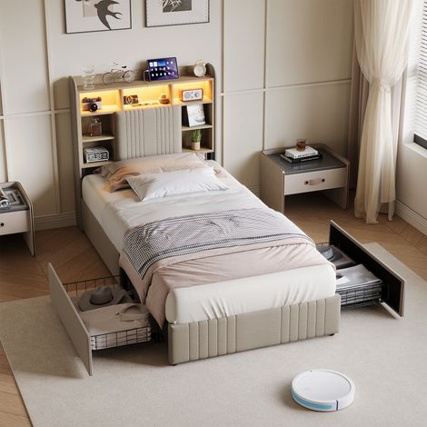 lit simple 90 x 200cm, Tiroir de rangement, Sommier à Lattes, avec port USB et LED, Lit Capitonné avec Tête de Lit, lin, Beige