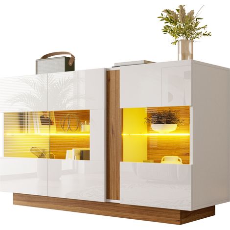 Sideboard mit 3 Acryltüren, 2 Einlegeböden und Dimmbarer LED Beleuchtung, Spanplatte, Weiß Natur, 140 x 38 x 80 cm (1/5)
