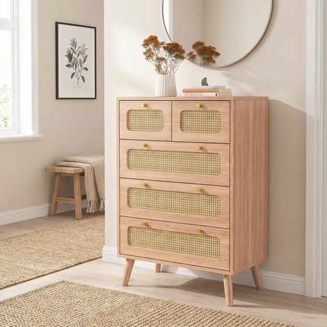 Cassettiera 60cm effetto rattan, 5 cassetti, cassettiera camera letto, mobile buffet 60cm,  mobile contenitore per soggiorno/cucina/sala da pranzo, stile boho scandinavo(60x34x91cm, Rovere Chiaro)