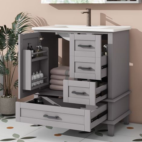 Armoire de salle de bain autoportante 76 x 46 x 83,5 cm lavabo laqué étagère porte 3 tiroirs silencieux évier céramique gris