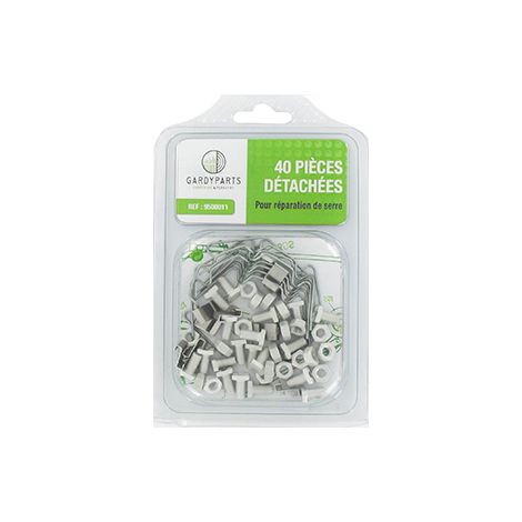 60-teiliges universelles Ersatzteil-Set für Gewächshausreparaturen. Bestehend aus 10 W-Klammern, 10 Z-Klammern und 10 Schrauben mit Kopfform