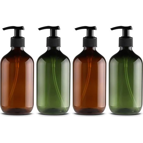 4 flacons pompe pression 300 ml plastique marron vert, rechargeables huiles/lotions/shampoing